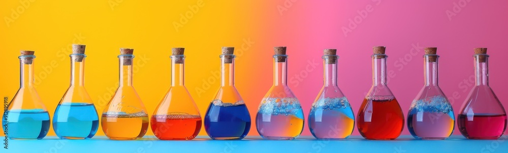 Bottles of different colored liquids lined up on a table, Chemical physical experiments, Banner, Copy space Bottles of different colored liquids lined up on a table, Chemical physical experiments, Banner, Copy space