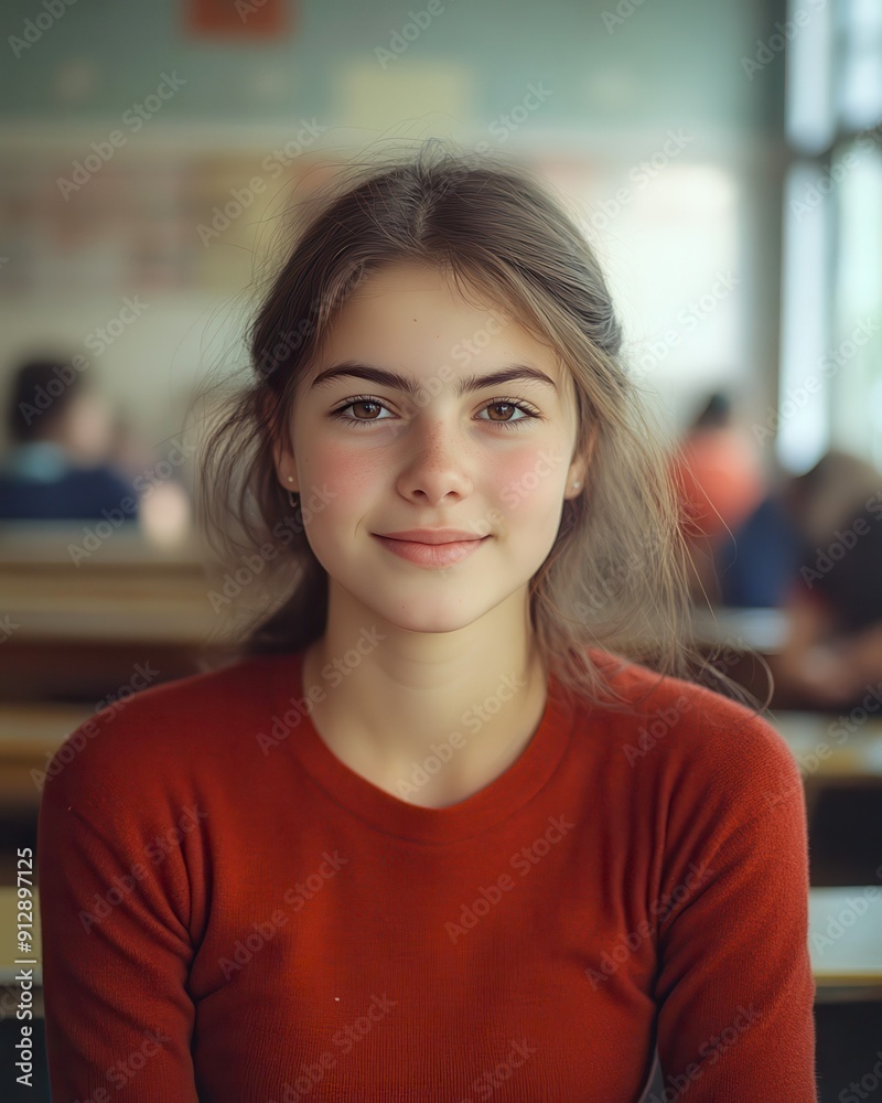 A portrait of a confident young girl in a classroom, capturing a moment of curiosity and learning. A portrait of a confident young girl in a classroom, capturing a moment of curiosity and learning.