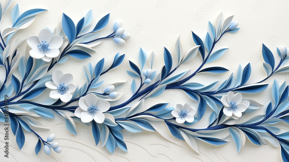 Elegant blue and white paper flowers and leaves on a white background. Elegant blue and white paper flowers and leaves on a white background.