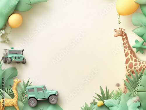 A thrilling 3D safari adventure birthday party background with wild animals, jeeps, and savannahs, ideal for an exciting celebration. Empty copy space included for text. AI