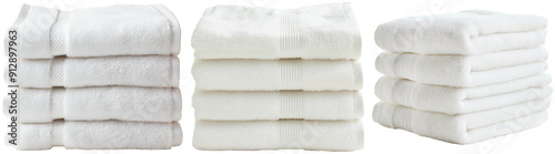  stacks of folded white cotton towels on a white background.