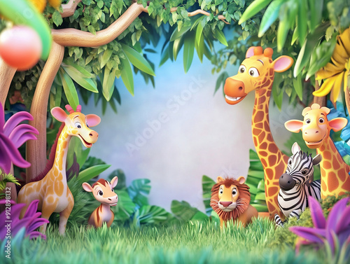 Colorful childish 3D jungle safari birthday party background. Including jungle animals and tropical trees, it is ideal for an adventurous celebration. Empty copy space included for text. AI