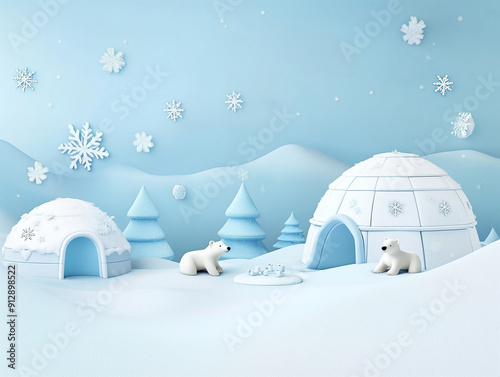 A frosty 3D winter wonderland birthday party background with snowflakes, igloos, and polar bears, perfect for a chilly celebration. Empty copy space included for text.. AI