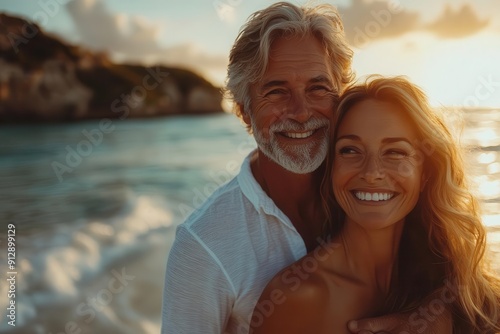 joyful senior couple on sunny beach at golden hour man giving woman piggyback ride both laughing soft waves and warm sand create romantic carefree atmosphere celebration of love and vitality