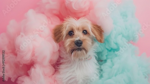   A small white dog rests amidst a mix of pink and blue clouds against a green backdrop photo