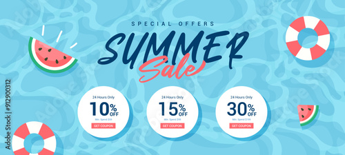 Summer sale coupon template banner vector design. Swimming pool background