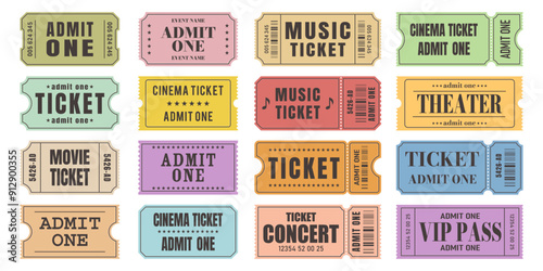 Vector set of admit one tickets template. Ticket for cinema,movie,circus,theater,film,festival,casino,club,music etc. Event admission, entrance pass set .Vector illustration