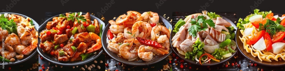 Dishes Tasty. Cooked, Roasted and Grilled Food Set, Fresh from Seafood and Cooked Chicken Meat Dishes Tasty. Cooked, Roasted and Grilled Food Set, Fresh from Seafood and Cooked Chicken Meat