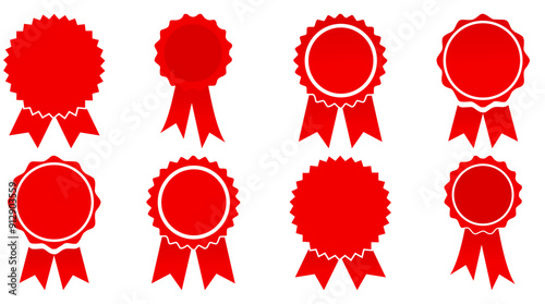 Medal icon set in red color. premium medal icon. set with ribbon red award badges. achievement label winner prize competition.