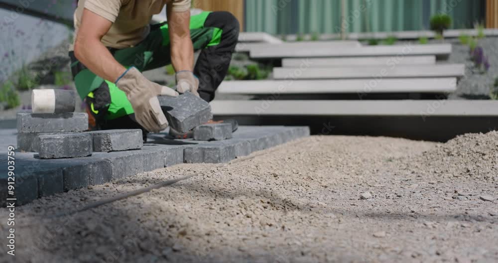 Laying Pavers in a Modern Garden Landscape in Early Morning Laying Pavers in a Modern Garden Landscape in Early Morning