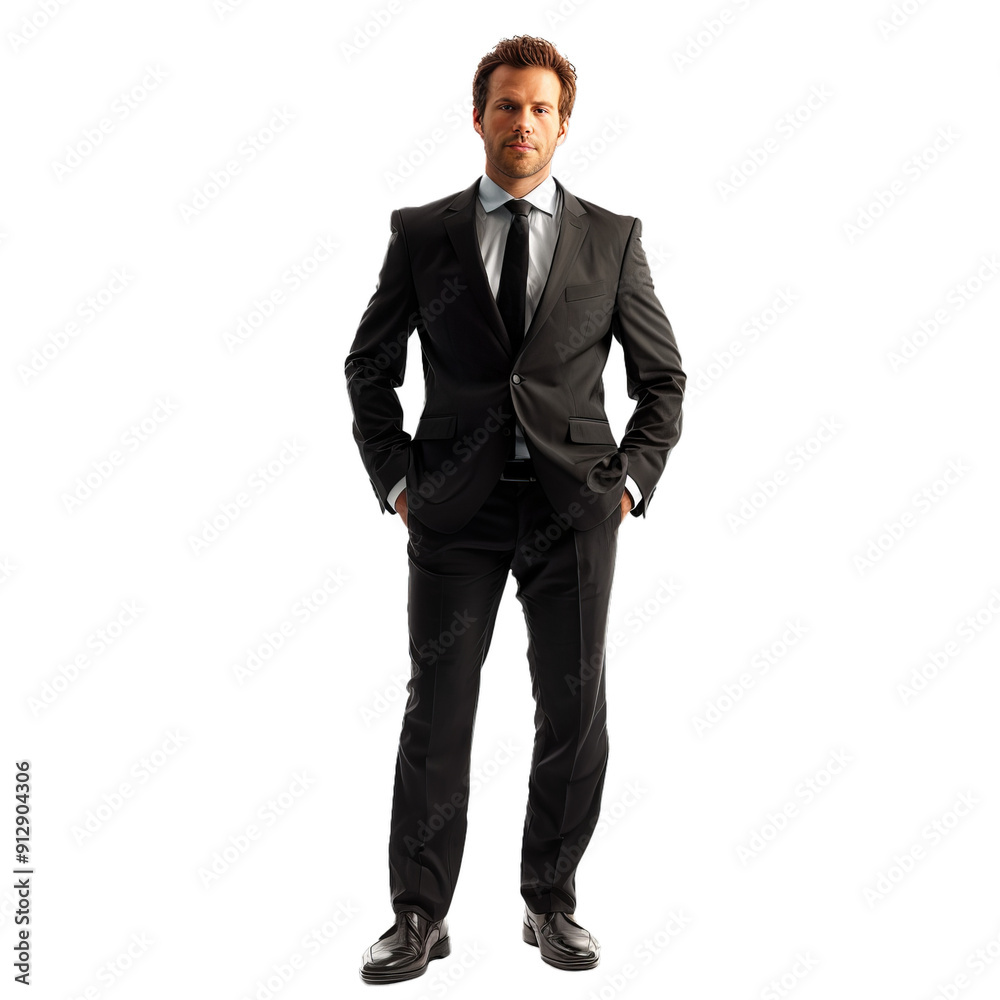Businessman standing with his hands in his pockets, looking serious and confident Businessman standing with his hands in his pockets, looking serious and confident