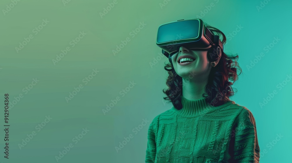 Smiling businesswoman in green sweater is wearing vr helmet. Digital interface in 3d glasses. Concept of future technology, interaction and entertainment playing game in virtual reality Smiling businesswoman in green sweater is wearing vr helmet. Digital interface in 3d glasses. Concept of future technology, interaction and entertainment playing game in virtual reality