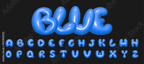 Blue playful alphabet in Y2K style. 3D rendering of plump letters, plastic glossy reflective texture. Vector illustration.