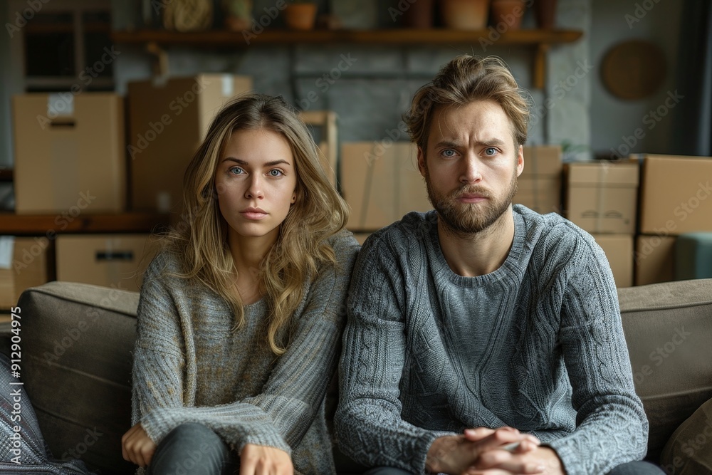 An exhausted young couple sitting on a sofa in their living room An exhausted young couple sitting on a sofa in their living room