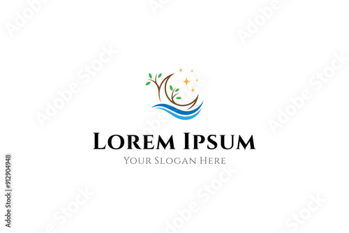 crescent moon logo with waves and tree branches in flat vector design