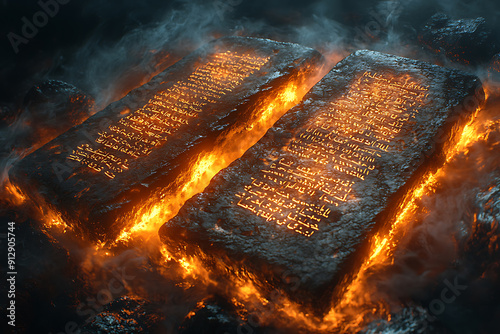 Two stone tablets that God gave to Moses, depicted on a dark background with swirling smoke. The tablets are inscribed with ancient Hebrew text, glowing faintly