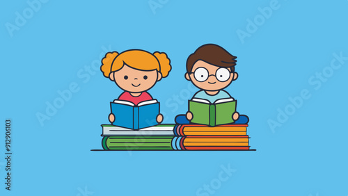 reading kids two kids reading quietly with stacks vector illustration