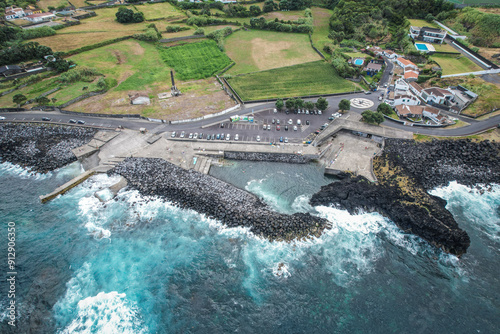 Aerial view of the volcanic geothermal pools at Pocos de Sao Vicente de Ferreira, Sao Miguel, Azores, Portugal photo