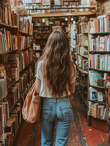 a woman walking through a book store