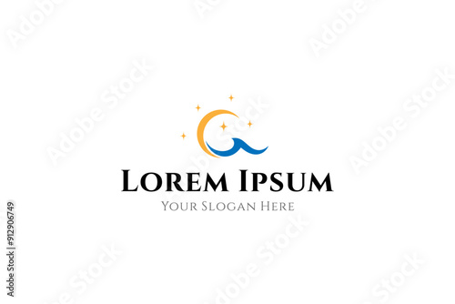 wave and crescent moon logo decorated with stars in flat vector design