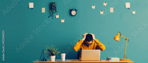 A person sitting at a desk with their head in their hands, illustrating workrelated stress photo