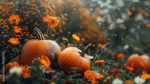 Autumn background with pumpkins and sunflowers on a table, copy space concept for a fall season banner design with sunlight bokeh light effect.