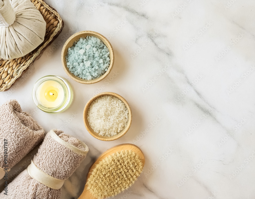Spa Beauty Essentials Luxurious Products and Tools on White Marble Background with Copyspace Spa Beauty Essentials Luxurious Products and Tools on White Marble Background with Copyspace