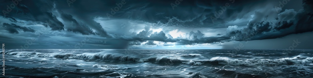 Fototapeta premium Stormy Seascape with Dark Clouds in the Sky Moody and Minimalist Extreme Weather Landscape