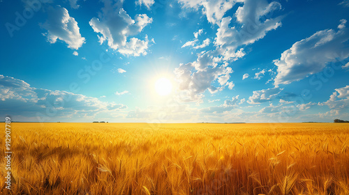 field of yellow wheat, blue sky, Ukraine, banner copy space. Day of National Flag, Unity, Constitution, Ukrainian Statehood, Independence, Defenders Defendresses, Armed Forces photo