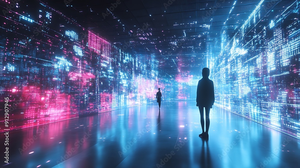 Two Silhouettes Walking Through a Neon-Lit Digital Tunnel Two Silhouettes Walking Through a Neon-Lit Digital Tunnel