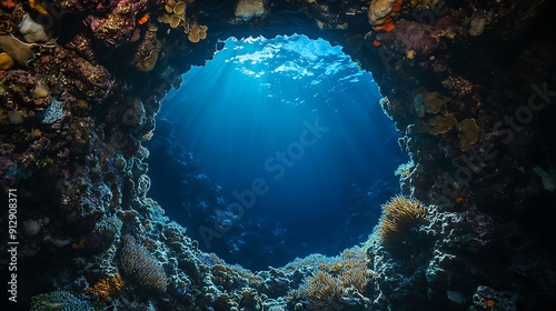 Fototapeta Naklejka Na Ścianę i Meble -  A circular opening in a coral reef reveals a deep blue ocean illuminated by sun rays.