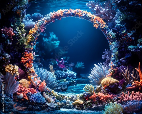 A circular opening in a coral reef, framed by colorful coral, creates a portal to the deep blue ocean.