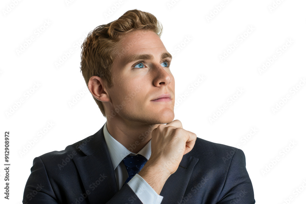 A young North American businessman in a classic suit, deep in thought, white background. A young North American businessman in a classic suit, deep in thought, white background.