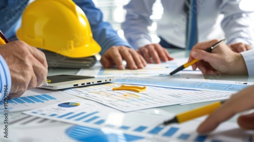 Generate a photo realistic image of a construction project team strategizing financial strategies with detailed budgeting charts and planning documents; ensure the image is of high resolution 