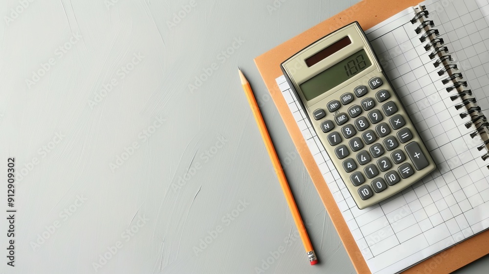 Calculator, notebook, and pencil on grey surface desk. Calculator, notebook, and pencil on grey surface desk.