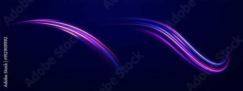 light road in the form of a swirl, neon color. Trendy geometric neon collage for speed movement. Abstract technology light lines background 3d.