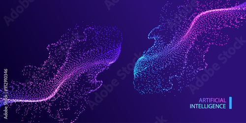 Artificial Intelligence particle waves future connect innovation vector design. Big data splash background. Technology ai water particles dots banner.