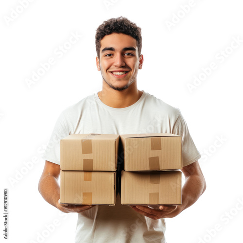 Man in casual wear holding electronics boxes, white studio background photo