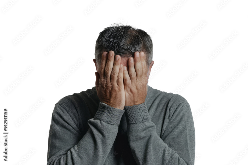 Man with his face partially obscured by his hands, showing a moment of overwhelm, on a white backdrop. Man with his face partially obscured by his hands, showing a moment of overwhelm, on a white backdrop.