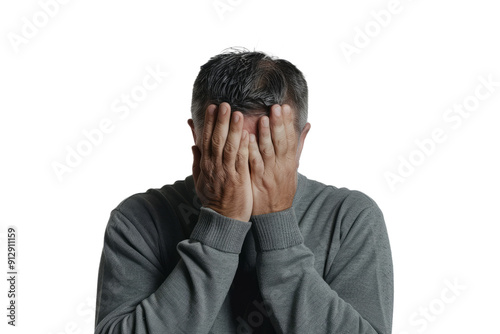 Man with his face partially obscured by his hands, showing a moment of overwhelm, on a white backdrop.