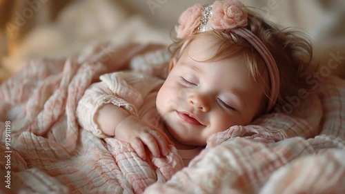 Little girl sleeping with a smile in face, baby asleep in bed