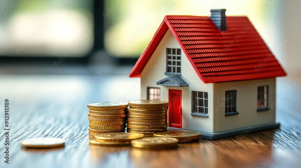 A miniature house model beside stacks of coins, symbolizing real estate investment and financial growth. A miniature house model beside stacks of coins, symbolizing real estate investment and financial growth.