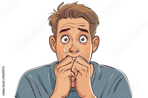 Portrait of a man biting his nails, showing nervous anxiety, on a white background. photo