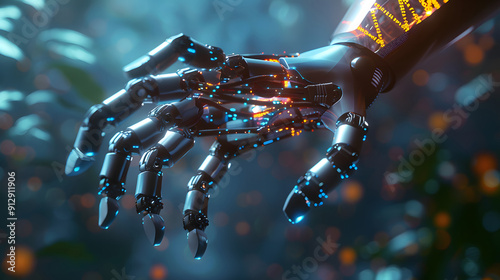 Robotic medical hand with DNA light effect on blurred background design