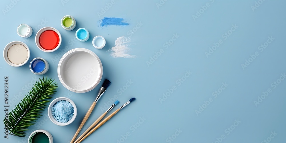 Light blue surface featuring fabric paint, freezer paper, and t-shirt for stenciling project. Flat Lay, Minimalist Light blue surface featuring fabric paint, freezer paper, and t-shirt for stenciling project. Flat Lay, Minimalist