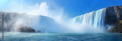 Majestic waterfall surrounded by mist and rainbows