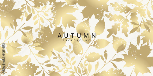 Autumn background with a pattern of golden leaves and branches with texture. Vector illustration with botanical elements for banner, poster, wallpaper, card, cover, print, packaging