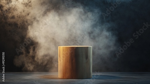 Empty wooden cylinder display stand, set against a dark abstract wall, with rising smoke and spotlight for dramatic lighting.