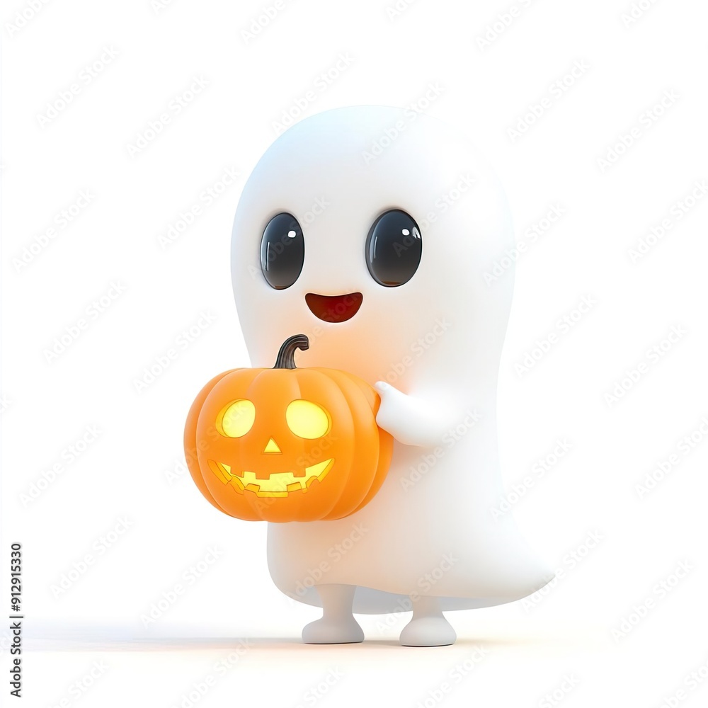 Cute 3D ghost holding a jack-o'-lantern. Cute 3D ghost holding a jack-o'-lantern.