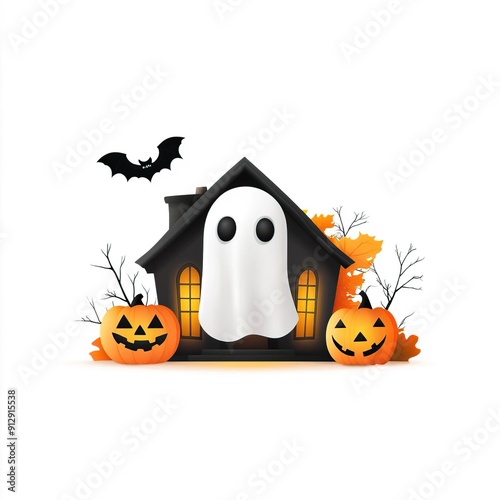 A halloween clipart of a ghostly figure in a haunted house, white background